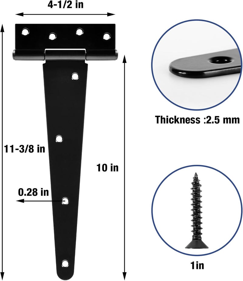 TDCHINGES 10 Inch Gate Door Hinges T-Strap Shed Hinge Heavy Duty 4 Pack Barn Farm Fence Tee Hinges for Doors Outdoor Kitchen Wood Cabinet Interior Exterior Window Bar Shop Matte Blake Door Hinge Hardware Kit - Image 2